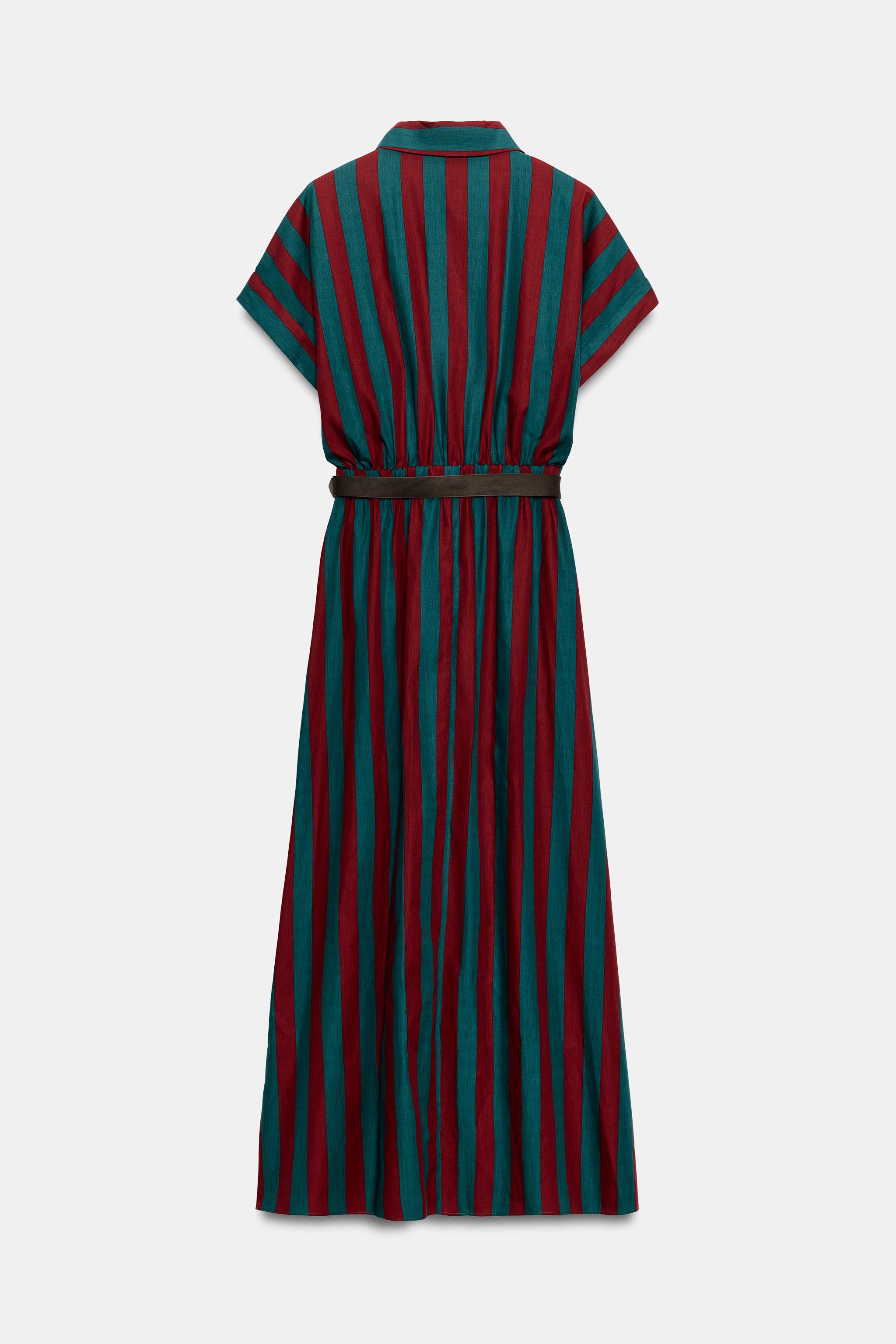 ROBE CHEMISE MI-LONGUE À RAYURES ET CEINTURE